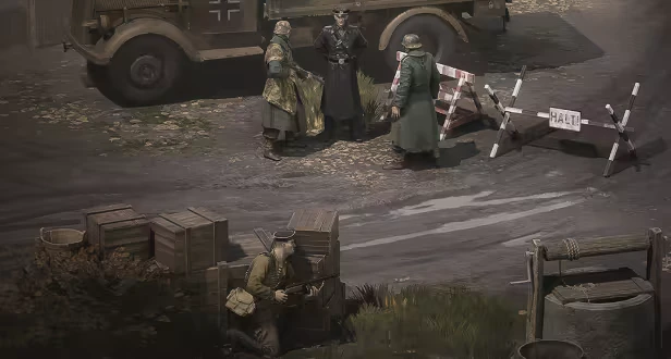 Red Recon: Soldier hides by crates as guards talk near truck and HALT roadblock sign.
