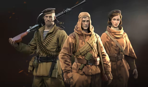Red Recon: Three soldiers in uniforms, one holding a rifle, posed on dark background.