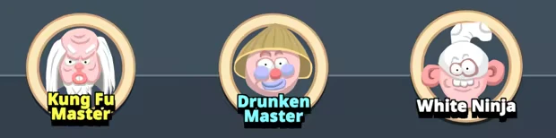 Redneck Brawl Turbo: Cartoon faces of Kung Fu Master, Drunken Master, White Ninja with bold text.