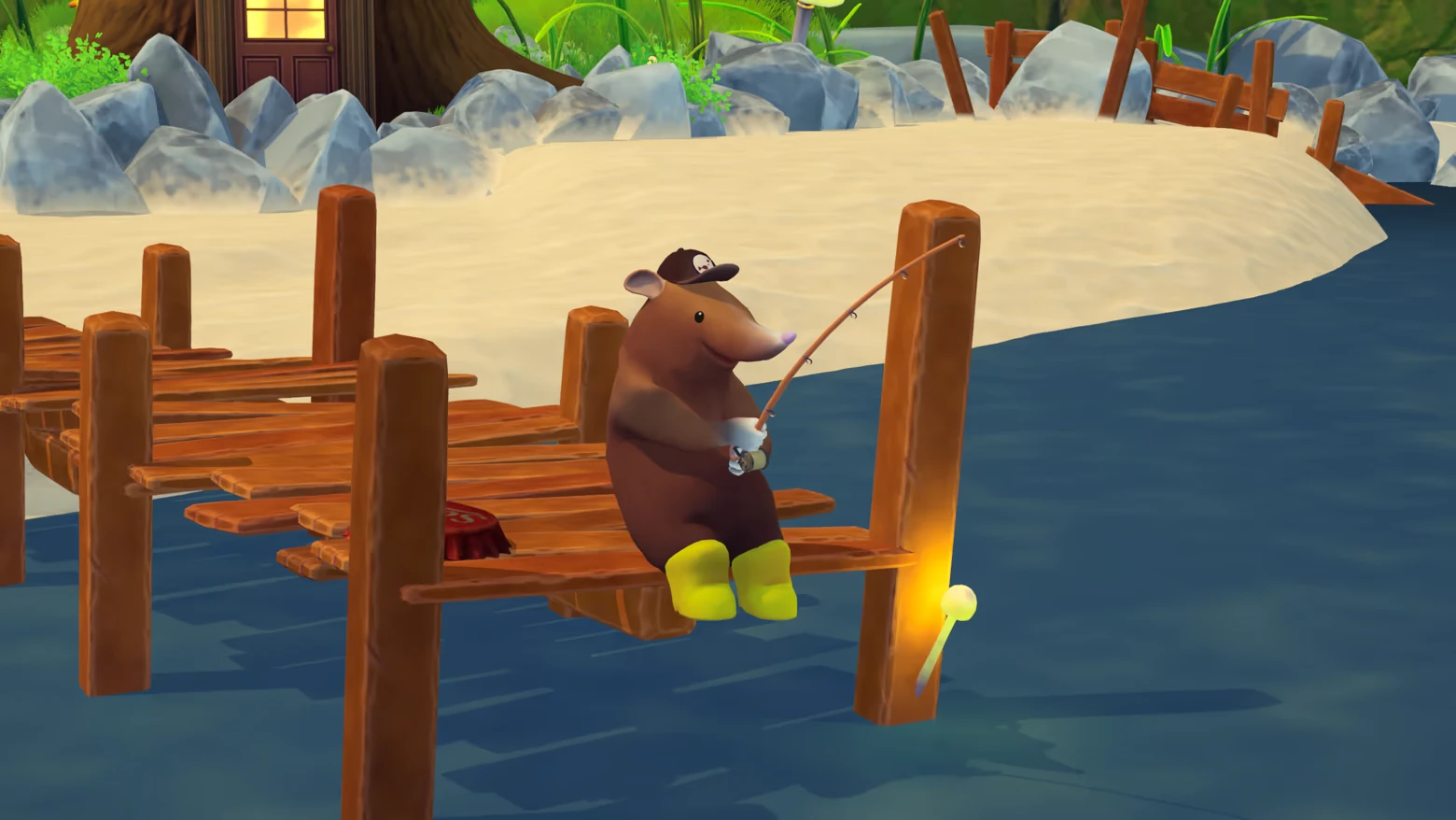 Reel Tiny: Cartoon shrew fishing on wooden dock, wearing cap and yellow boots.
