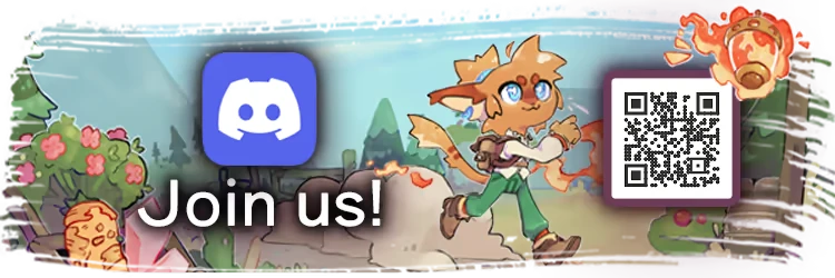 Rekindled Trails: Cartoon character with blue eyes walks past flowers, Discord logo, and QR code.