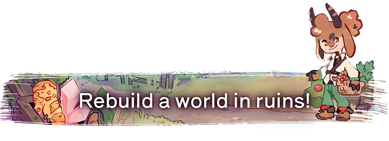 Rekindled Trails: Character with horns and basket beside text "Rebuild a world in ruins!"