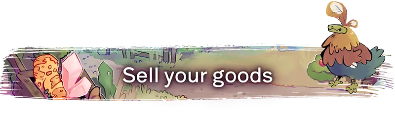 Rekindled Trails: A carrot, pink crystals, and a bird beside "Sell your goods" text on a path.