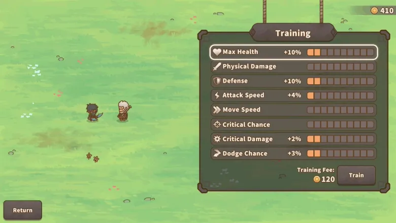 Relic Abyss: Two characters on grass, training menu with stats and coins, "Return" button visible.