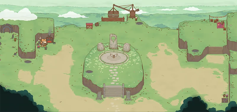 Central Plaza – Relic Abyss Relic Abyss: Green landscape with stone circle, character by forge, crane, and market stall.