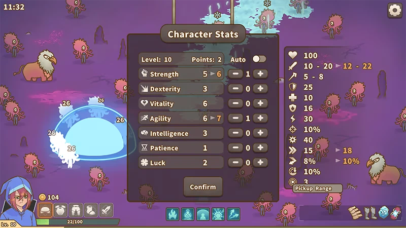 Character Stats – Relic Abyss Relic Abyss: Character stats menu over a purple battlefield with pink creatures and a griffin.