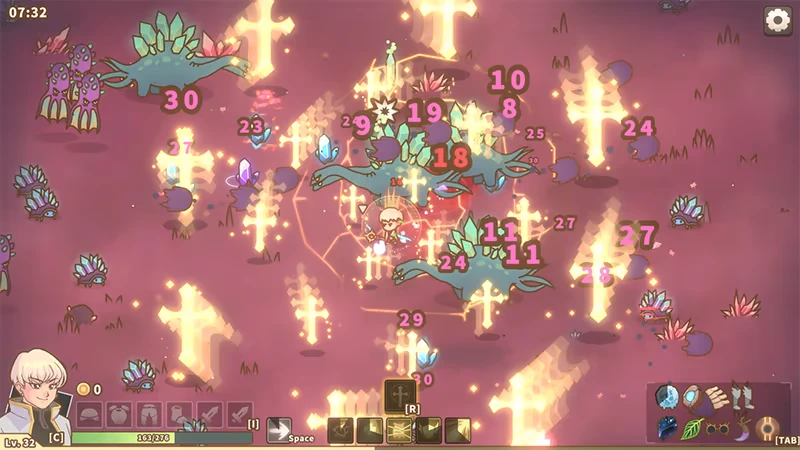 Creature Battlefield – Relic Abyss Relic Abyss: Character battles glowing creatures amid golden crosses and damage numbers on screen.
