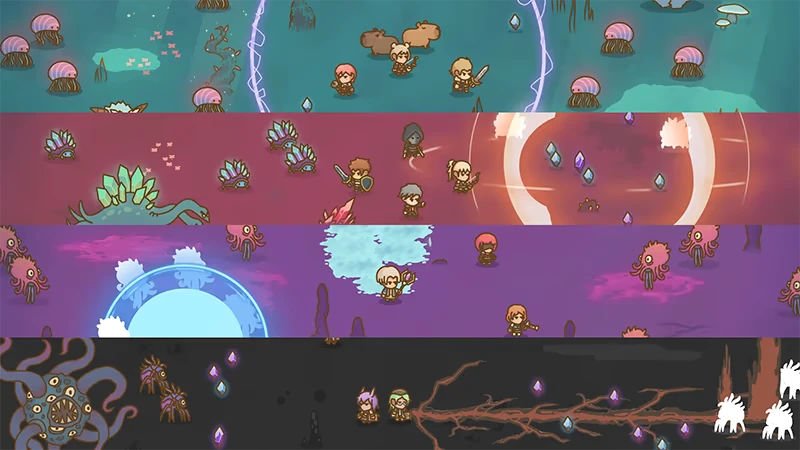 Jellyfish Encounter – Relic Abyss Relic Abyss: Five scenes with characters, crystals, and creatures in colorful fantasy settings.