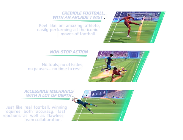 REMATCH: Three action-packed football scenes with bold text highlighting gameplay features.