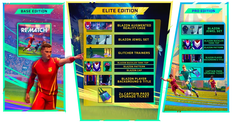 REMATCH: Three edition panels with player images and item lists; Base, Elite, Pro.