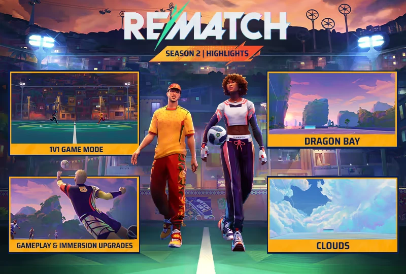 REMATCH: Two characters walk with a soccer ball; text boxes show "1v1 Game Mode" and "Dragon Bay".