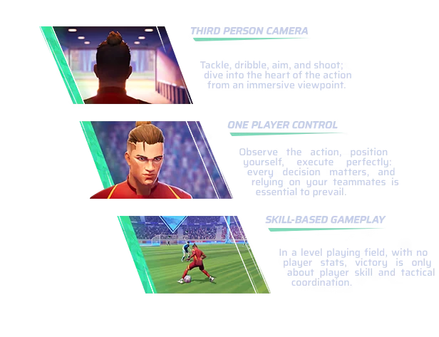 REMATCH: Three panels show a player in a tunnel, close-up, and on the field with text descriptions.