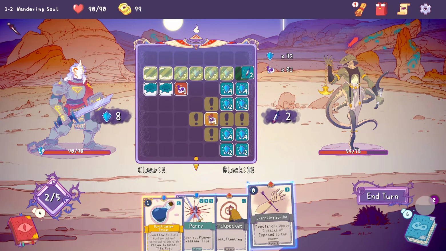 Remnants of Sin: Armored hero faces snake-like foe in desert, grid and cards displayed.