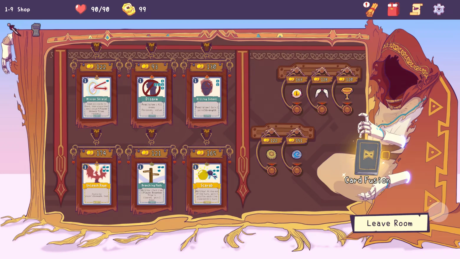 Remnants of Sin: A robed figure holds a card in a shop with various cards and relics displayed.