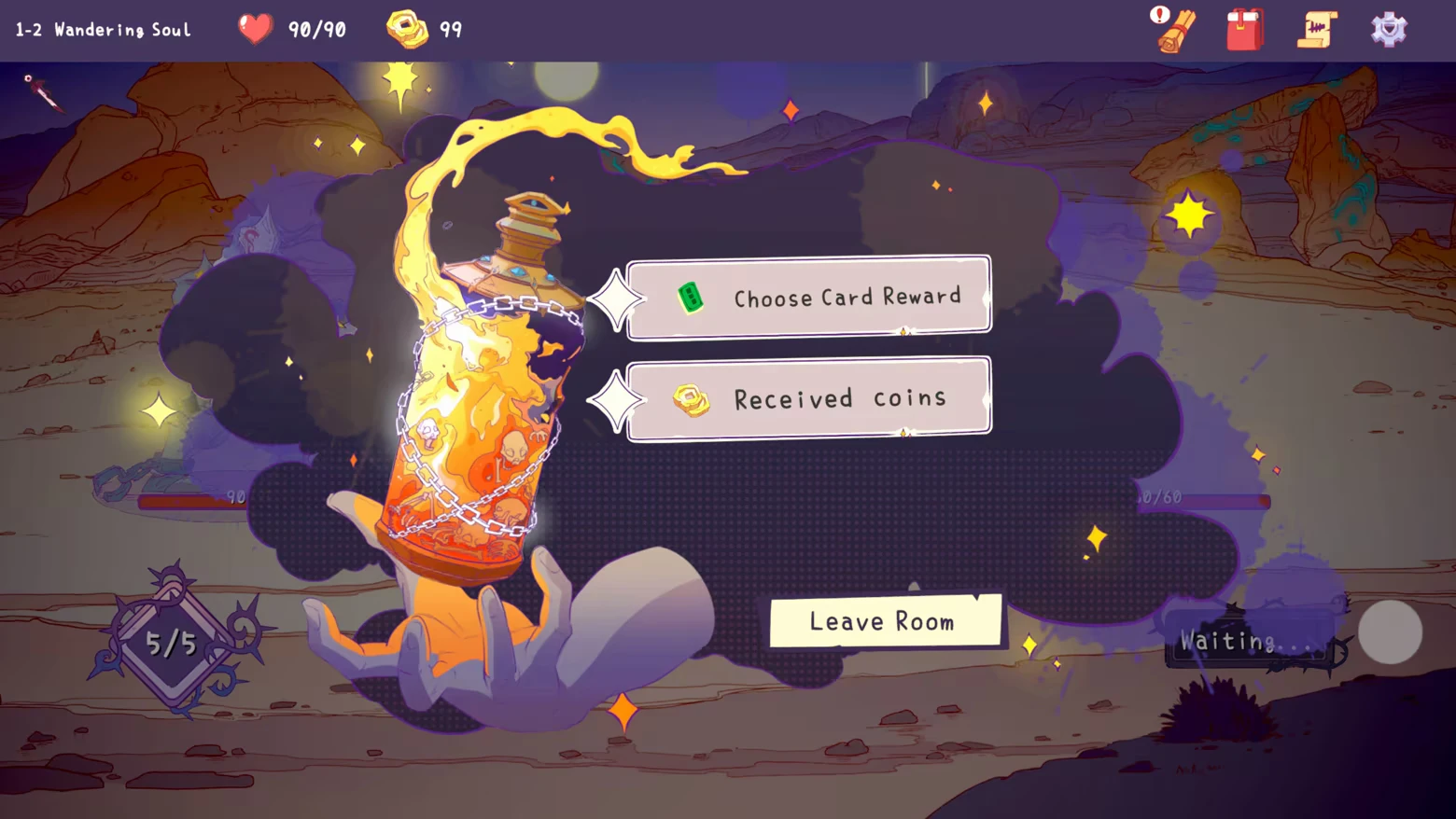 Remnants of Sin: A fiery chained relic floats, with options to choose card reward or receive coins.