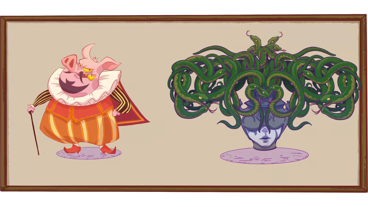 Remnants of Sin: A pig in a ruffled collar and striped outfit faces a head with green snake hair.