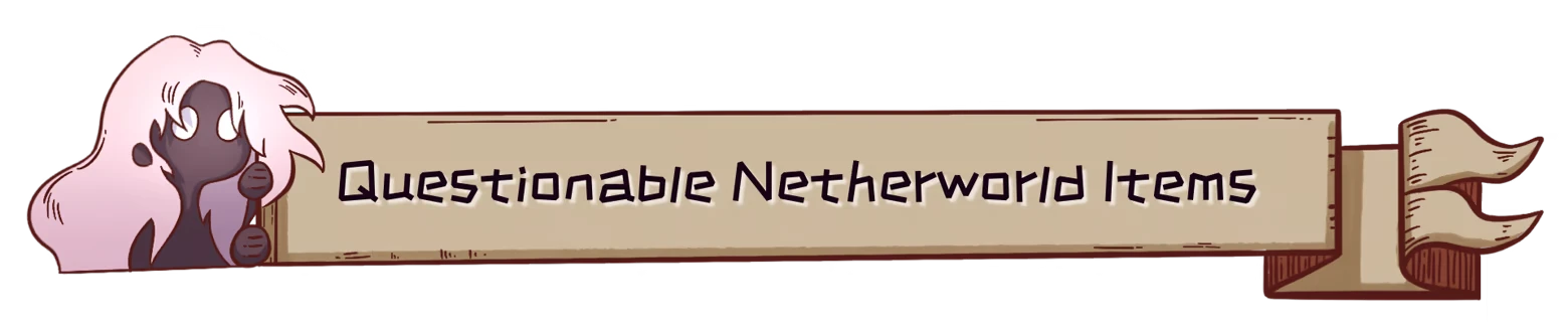 Remnants of Sin: A shadowy figure with pink hair beside a banner reading "Questionable Netherworld Items."