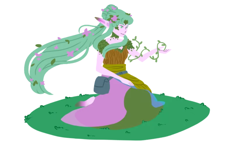 Forest Dryad – Remnants Of Yore Remnants Of Yore: Elf with green hair and floral dress sits on grass, holding a vine.
