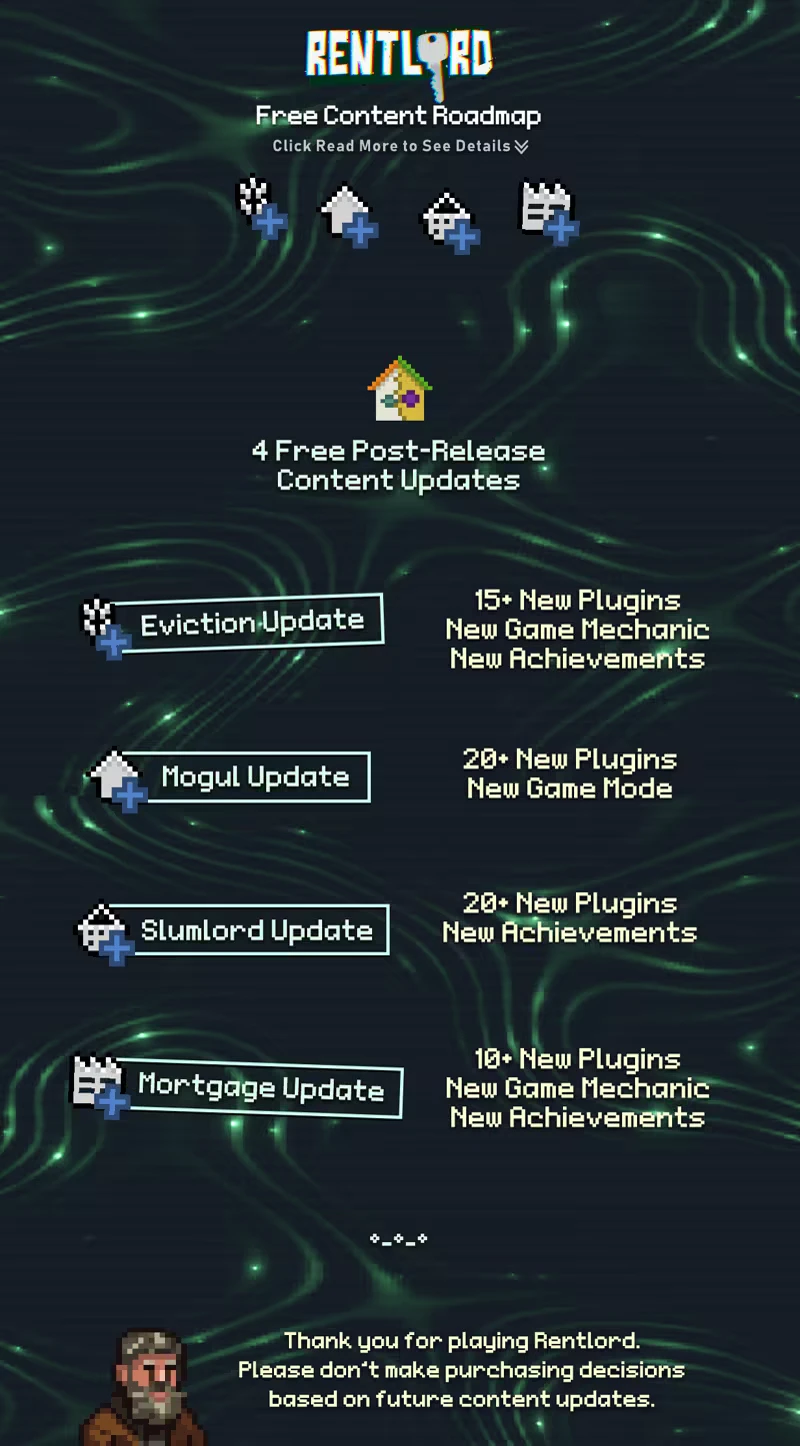 Rentlord: Game roadmap with updates like Eviction, Mogul, Slumlord, and Mortgage shown on dark background.