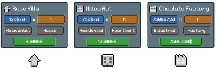 Rentlord: Three property cards display income, type, and cost for Rose Villa, Willow Apt, and Chocolate Factory.