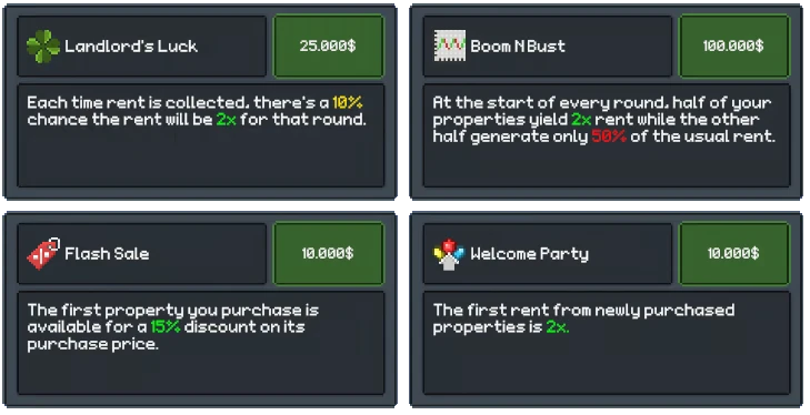 Rentlord: Four cards with icons and text describe property bonuses and costs in a grid layout.