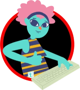 Reply All: Cartoon character with pink hair, sunglasses, striped shirt, typing on a keyboard.