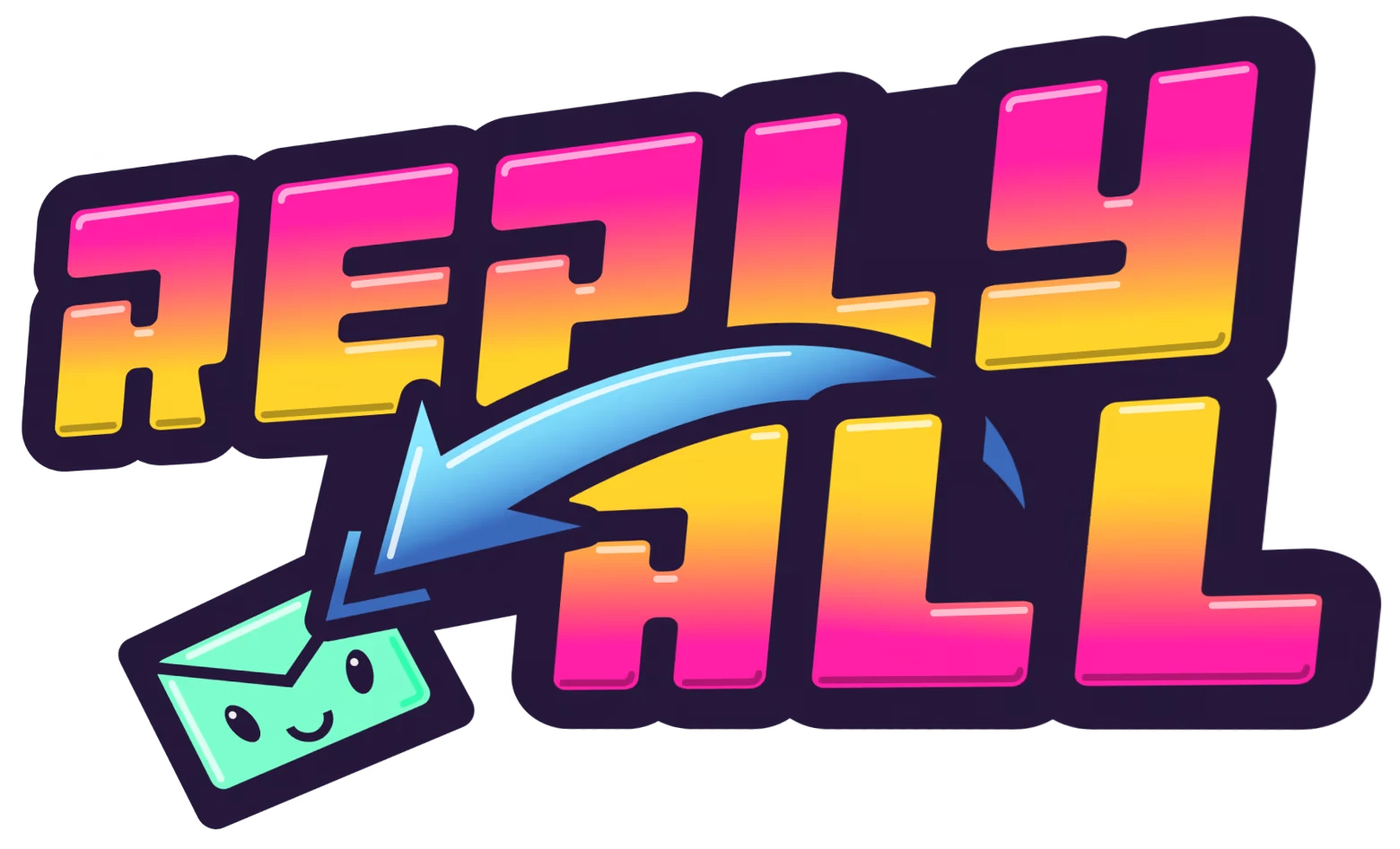 Email Logo – Reply All Reply All: Bold gradient text with a smiling envelope and blue arrow pointing down.