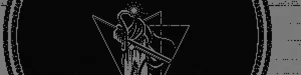 REPOSE: Black and white pixel art of a robed figure with a scythe inside a triangle on a dark background.