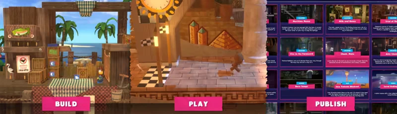 Build Play Publish – Restitched Restitched: Build, Play, Publish buttons over platform scene and level thumbnails menu.