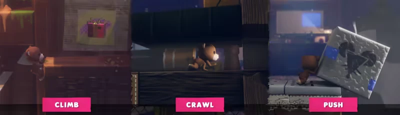 Climb Crawl Push – Restitched Restitched: Three panels show doll climbing, crawling, and pushing; pink labels CLIMB/CRAWL/PUSH.