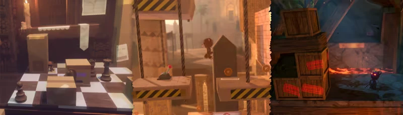 Crate Platforming – Restitched Restitched: Split-screen of chessboard room, crane platforms, and stacked crates by lava.