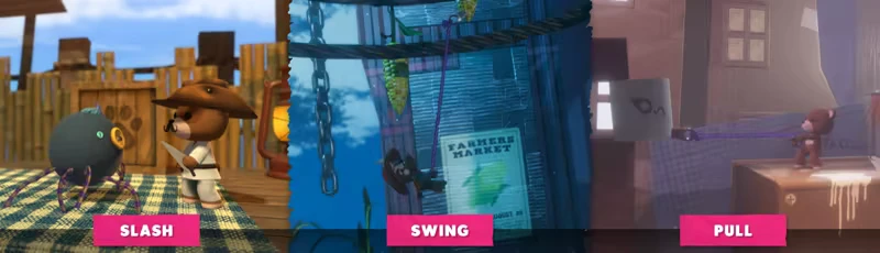 Slash Swing Pull – Restitched Restitched: Three panels labeled SLASH, SWING, PULL showing toy characters in action.