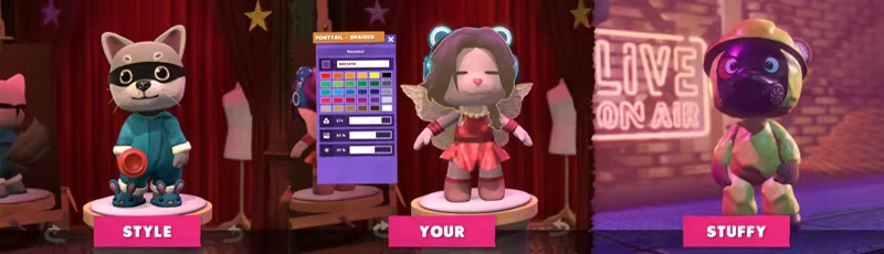 Wardrobe Customization – Restitched Restitched: Wardrobe screen with plush dolls; pink labels “STYLE”, “YOUR”, “STUFFY”.