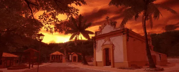 Restless Rites: A chapel under a fiery sky, surrounded by palm trees and shadowy buildings.