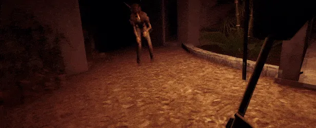 Restless Rites: A shadowy figure with elongated limbs approaches on a dimly lit stone path.