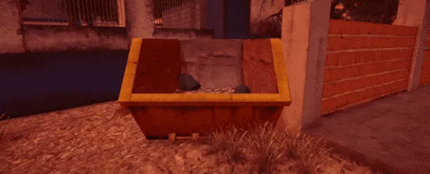 Restless Rites: A yellow dumpster in a dim alley, surrounded by concrete walls and dry grass.