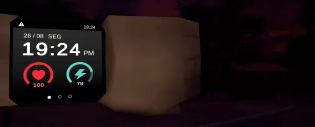 Restless Rites: Digital watch shows 19:24, heart at 100, energy at 79, against a dark backdrop.