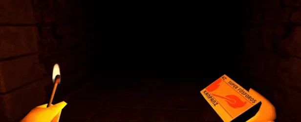 Restless Rites: A hand holds a lit match and a "SUPER FÓSFOROS" matchbox in a dark corridor.