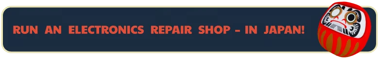 ReStory: Dark blue banner with red text "RUN AN ELECTRONICS REPAIR SHOP - IN JAPAN!" and a Daruma doll.
