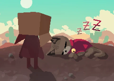 Reverie: Box-headed figure watches sleeping dog in red cape, “Zzz” in sky.