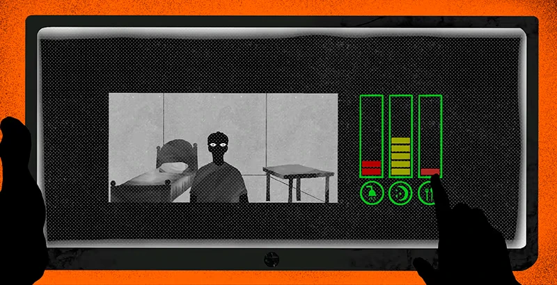 Reverse T-gotchi: Black figure with glowing eyes in a room, green bars on screen, hand pointing.