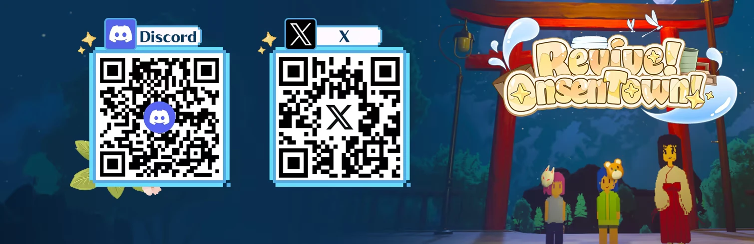Social Qr Codes – Revive! Onsen Town! Revive! Onsen Town!: Discord and X QR codes beside logo and pixel characters at torii gate.