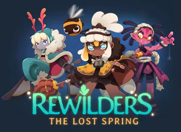 Rewilders: Three colorful characters and a bee hover above glowing title text on a dark background.