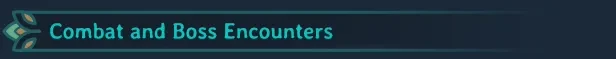 Rewilders: Text "Combat and Boss Encounters" in glowing teal on a dark banner with leaf motifs.