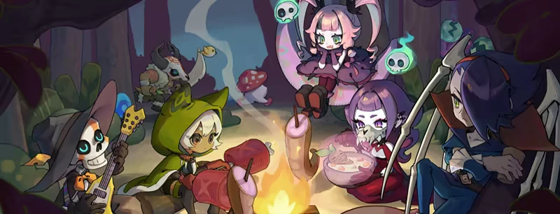 Rhythm Witch: Five characters gather around a campfire in a forest, one playing a guitar.