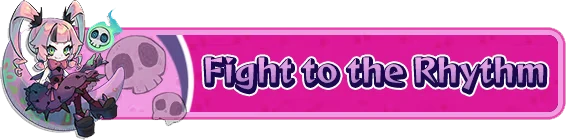 Rhythm Witch: A pink-haired witch with bat wings sits on a crescent moon. Text: "Fight to the Rhythm."
