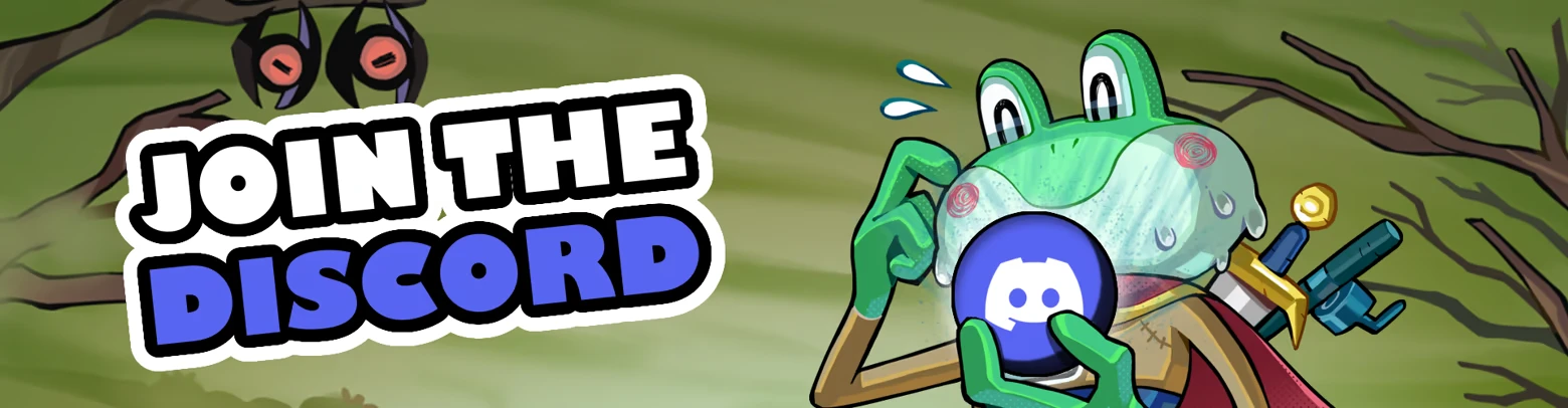 Join Discord Banner – Ribbit Rogue Ribbit Rogue: “JOIN THE DISCORD” text beside frog holding Discord logo icon.