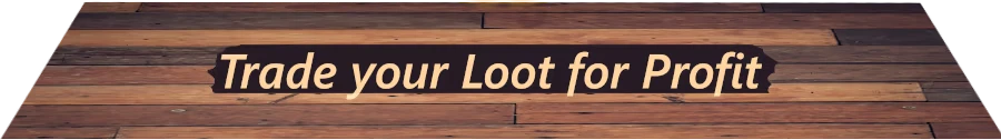Rich River: Bold text "Trade your Loot for Profit" on a wooden plank background.