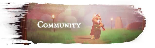 Riddledale: A cat character plays a flute in a misty forest with torches; "Community" text.