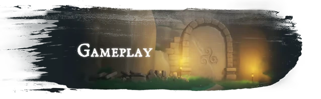 Riddledale: Stone archway with glowing torches and spiral symbol, "Gameplay" text in white.